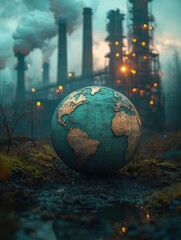 a beautiful green and blue planet earth globe in the garbage heap with beautiful blue sky, environmental and ecology concept