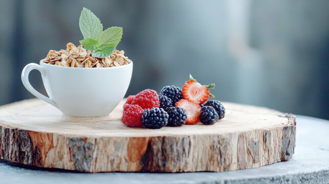 white cup filled with granola and mint leaves is placed on wooden board, accompanied by fresh berries including strawberries, raspberries, and blackberries, creating healthy and vibrant breakfast