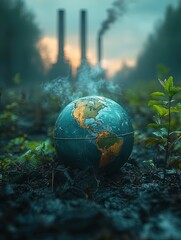 a beautiful green and blue planet earth globe in the garbage heap with beautiful blue sky, environmental and ecology concept