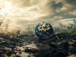 a beautiful green and blue planet earth globe in the garbage heap with beautiful blue sky, environmental and ecology concept