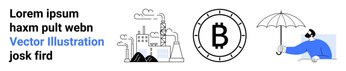Factory emissions in grayscale, Bitcoin symbol in a circle, person in blue jacket with umbrella. Ideal for sustainability, cryptocurrency, weather protection, industry impact, finance, protection