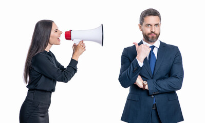 Fototapeta premium business conflict. businesswoman yelling at employee with loudspeaker. businesspeople partner having conflict about promotion. businesspeople solving conflict. Assigning blame
