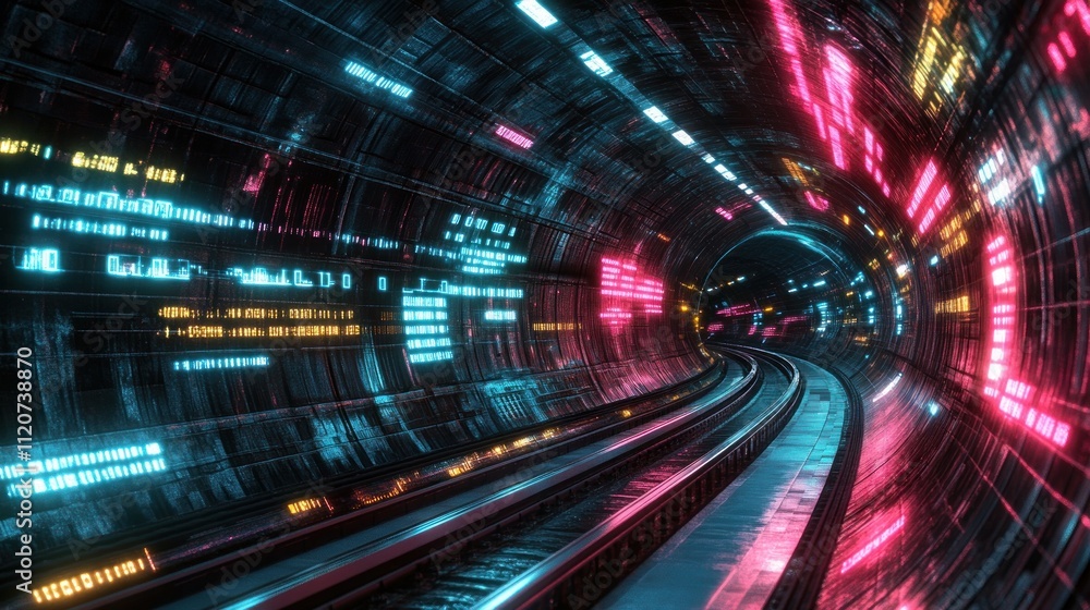 Poster futuristic neon-lit tunnel with digital data streams and curving railway.