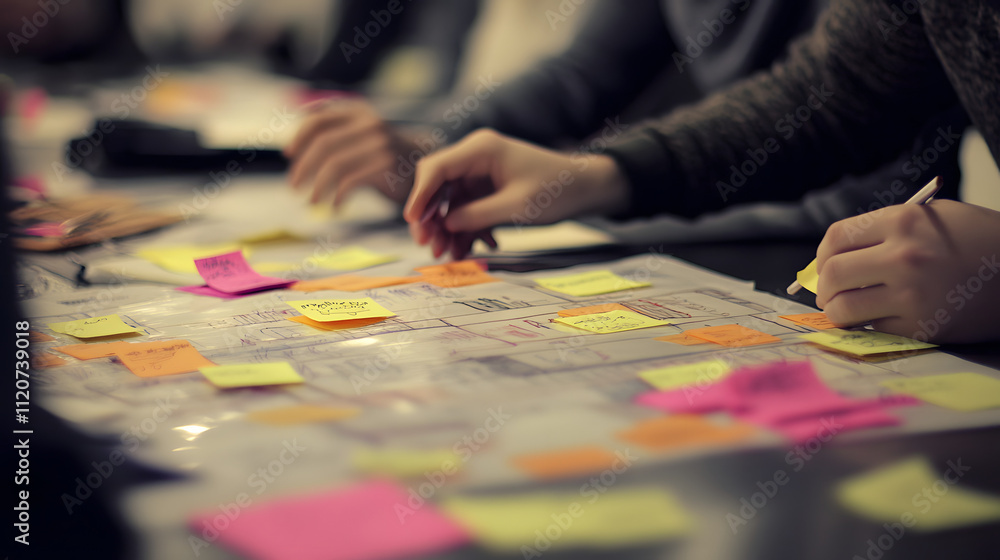 Poster team brainstorming session using sticky notes on a whiteboard. hands actively placing notes, demonst