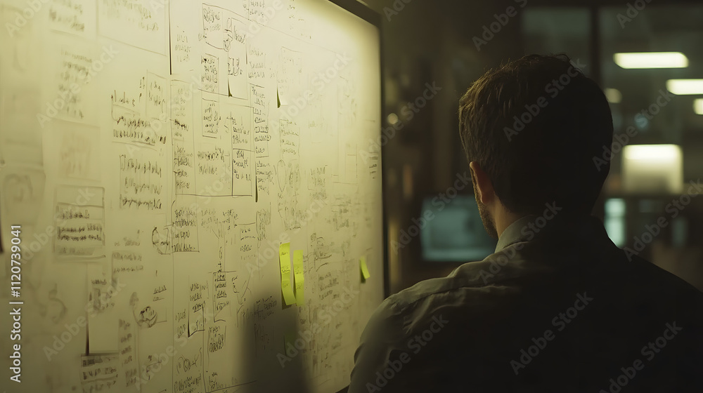 Poster a man stands in a dimly lit office, reviewing a whiteboard covered in diagrams, notes, and sticky no