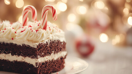 A delicious slice of chocolate cake, adorned with white frosting, candy cane pieces, and red sprinkles. The festive backdrop suggests a Christmas or holiday theme.