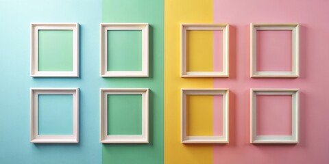 Empty square frames on pastel multicolored wall, frames, vertical, empty, square, pastel, multicolored, wall, background