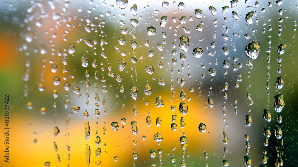 Poster close-up of water droplets on a window pane, with a blurred background of yellow and green hues. the