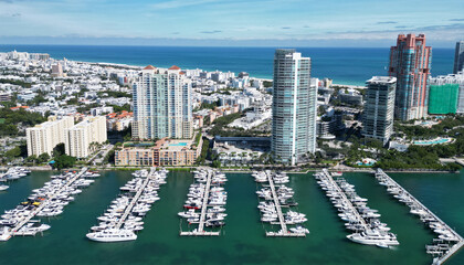 Luxury South beach marina. Luxury yacht. Miami south beach view. Yacht club. Marina in Miami,...