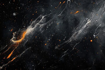 Dark Grunge Texture Background with White and Orange Paint Splatters and Dramatic Lighting