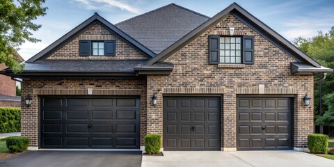 Large brick house with black garage door, brick, house, garage, door, black, exterior, home, residential, architecture