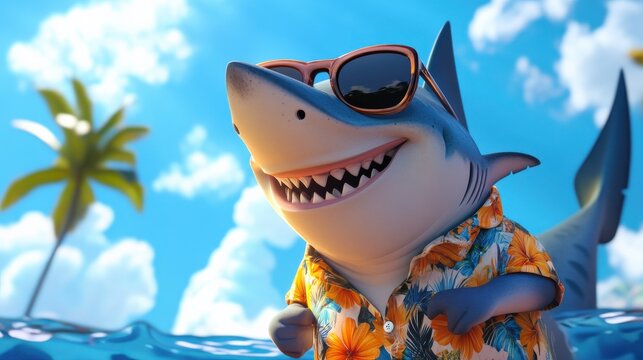 Fototapeta Playful Cartoon Shark in Sunglasses and Hawaiian Shirt