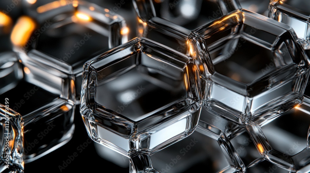 Poster abstract 3d rendering of interconnected transparent hexagonal structures with warm light accents.