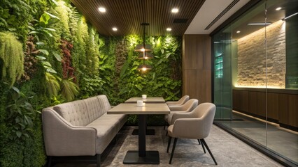 Fototapeta premium Comfortable seating arrangements around a sleek table create an intimate setting enhanced by the vibrant greenery adorning the wall. This dynamic feature fosters a sense of