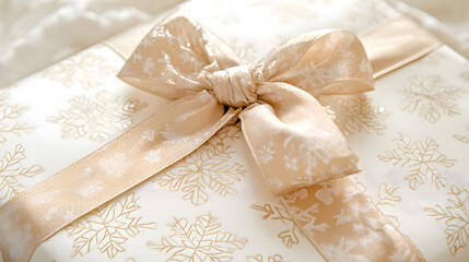 Close-up of an elegantly wrapped gift.  Creamy white paper features a delicate gold snowflake pattern, adorned with a matching satin ribbon tied in a perfect bow. Festive and luxurious.