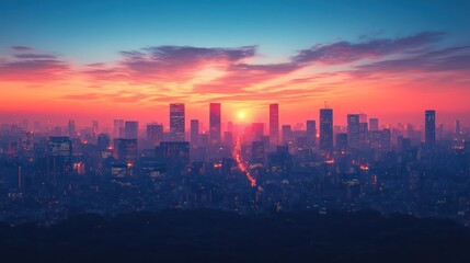 Fototapeta premium Vibrant sunset over a sprawling cityscape.