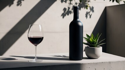 Minimalist artistic photograph featuring a matte black wine bottle, red wine glass, concrete pot with a green plant, and soft dappled sunlight on a textured surface.