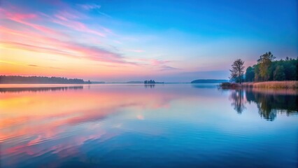 Tranquil lake at sunrise with soft pink and blue hues , quiet, lake, muted, pinks, blues, daylight, emerges, tranquil