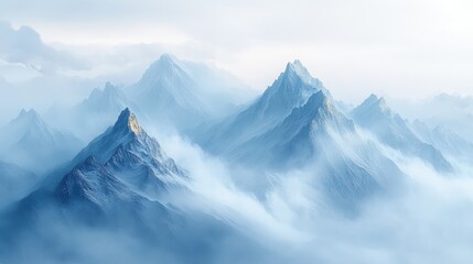 Misty mountain peaks shrouded in clouds.