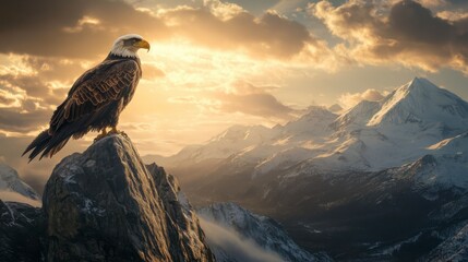 Fototapeta premium Majestic Bald Eagle on Mountain Peak at Sunrise
