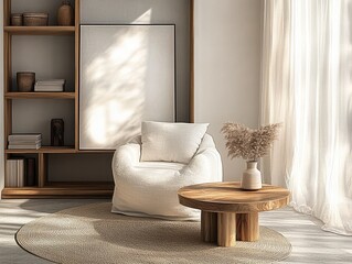 Scandinavian Design Minimalistic Living Room with Cozy Lounge Chair Wooden Coffee Table and Natural Light