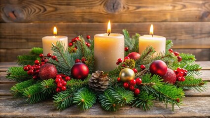 Festive holiday centerpiece with lit candles, pine branches, red berries, and ornaments on a decorated table, holiday