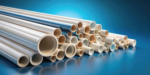 Composite, uPVC, and cPVC pipes displayed on a blue background in a rendering, PVC, pipes, plastic, construction