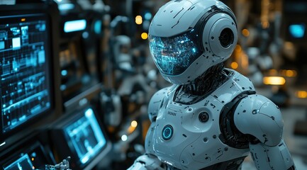 Fototapeta premium Futuristic robot in a high-tech factory control room.