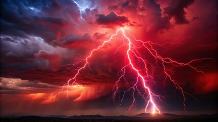 Red lightning striking through a dark black sky, lightning, red, electric, storm, power, dramatic, danger, nature, weather