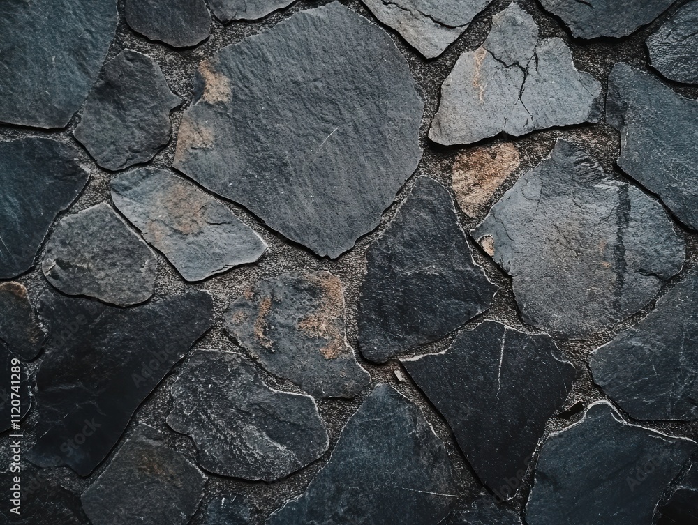 Poster textured stone wall background in dark color palette featuring irregular shapes and natural variatio