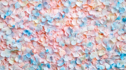Colorful flower petals create a vibrant background in pastel shades for spring decorations