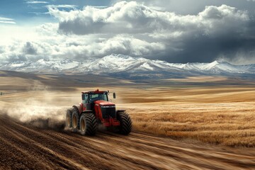 Obraz premium Farm tractor plowing fields in mountainous landscape during harvest season capturing agriculture in action