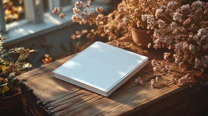 Fototapeta premium Minimalist Empty Book Cover on Rustic Wooden Table Surrounded by Dried Flowers