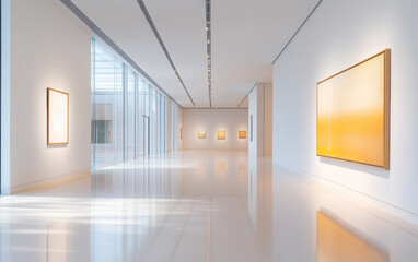 Fototapeta premium Modern Art Gallery with Yellow Abstract Paintings