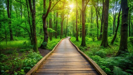 Fototapeta premium Wooden pathway leading into vibrant lush green forest, wooden walkway, path, trail, greenery, trees, nature, forest