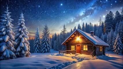 Fototapeta premium Enchanting winter cabin night scene with a glistening snowfall , stars, cozy, cabin, winter, snowy, nighttime