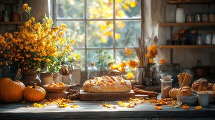 Naklejka premium Rustic autumn kitchen scene with homemade bread, pumpkins, and fall decor.