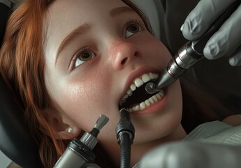 Young girl undergoing dental treatment with modern equipment in a bright, clinical environment showcasing the importance of dental hygiene and care for children.