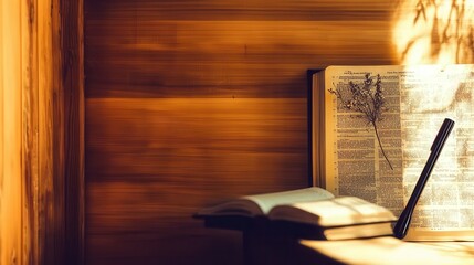 Wooden Atmosphere with Open Book and Pen