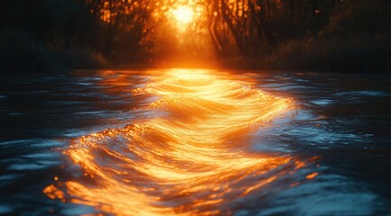 Golden sunset light reflecting on river water, creating a path effect through trees.