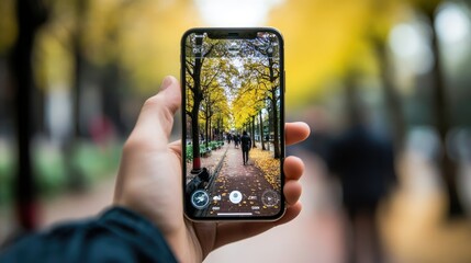 Hand holding smartphone displaying autumnal street scene.