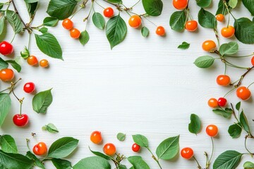 Fresh cherries and vibrant leaves create a colorful border on a wooden table