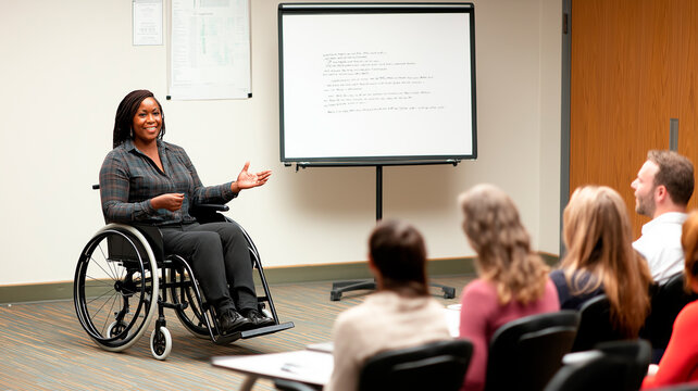 African American woman in wheelchair giving a presentation to colleagues. Office meeting, team discussion, workplace inclusion. Concept for leadership, teamwork, International Day of Persons with Disa