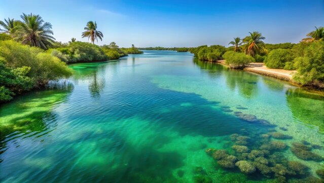 Beautiful lagoon in Somone, Senegal with crystal clear waters and lush green surroundings, Senegal, lagoon, Somone