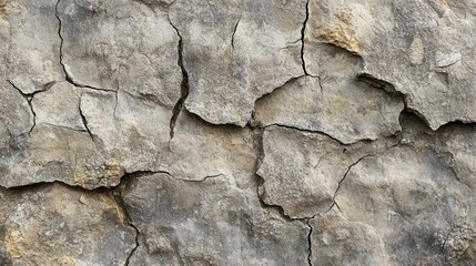 Fototapeta premium A close-up of a cracked stone wall, showcasing natural textures and patterns.