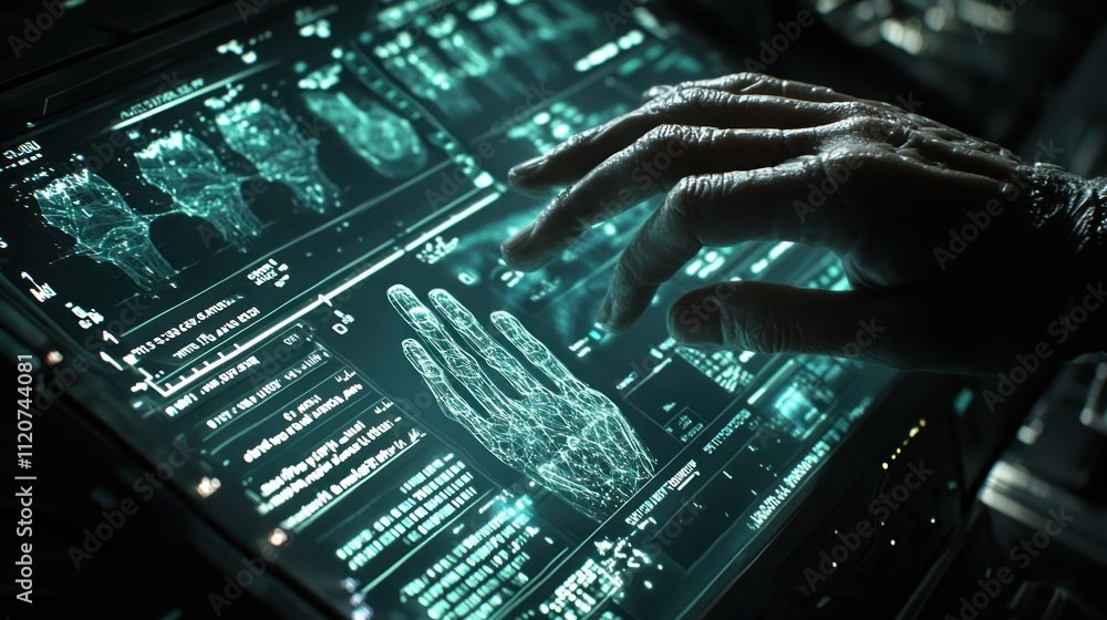 Fototapete close-up of a hand interacting with a futuristic touchscreen displaying biometrics data.