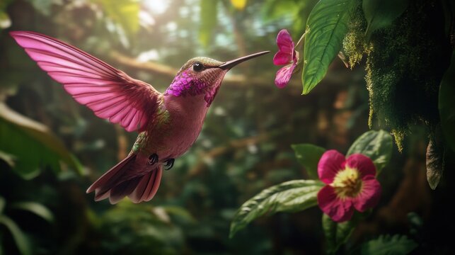 Pink blooming hummingbird in a wooded environment. Flying in a natural tropical wood habitat, red flower, green violet ear, Colibri thalassinus