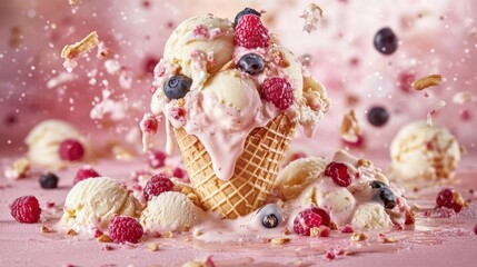 Melting Vanilla Ice Cream Cone on Pink Background for Summer Delights Design