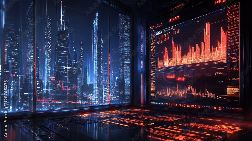 Poster futuristic cityscape at night viewed from a high-tech control room with data screens displaying fina