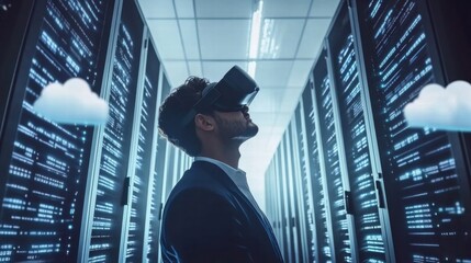 Fototapeta premium Man in VR Headset Exploring Cloud Server Data Center